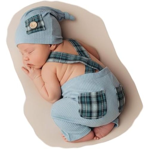 Zeroest Newborn Boy Photo Outfit Props Baby Boy Photography Outfit Photo Shoot Boy Pictures Suspenders Pants Sleeping Hat (Light Blue)