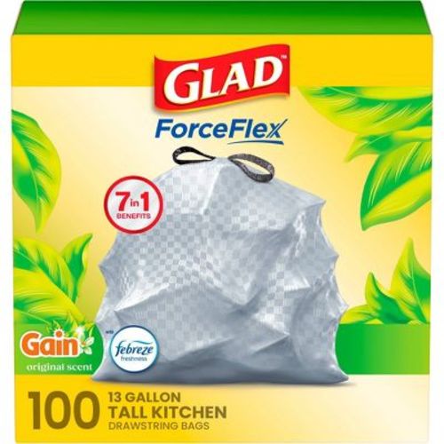 Glad Tall Kitchen Drawstring Trash Bags OdorShield 13gal - Gain Original with Febreze Freshness - 100ct