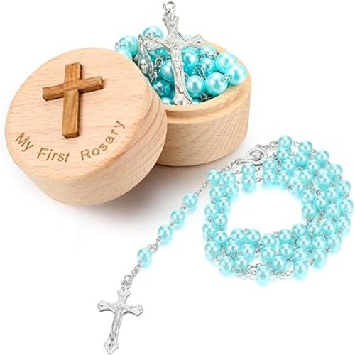 Baptism Gifts for Girls Boys Rosary Catholic My First Rosary and Keepsake Box for Baby Shower Holy First Communion Christian Beads Gifting Set(Blue)