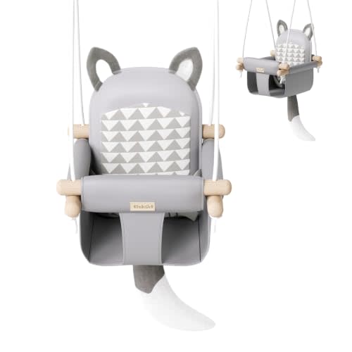 AskCat Wooden Hanging Baby Swing with Safety Belt, for Infants to Toddlers | Durable Wooden Frame, Adjustable Height, Portable Baby Swing with Mounting Hardware, Indoor/Outdoor Use, Fox-Themed in Gray