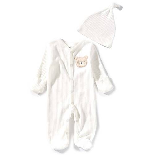 Starting Out Baby Boys Long-Sleeve Fold-Over Cuffs Bear Applique Footie Coverall