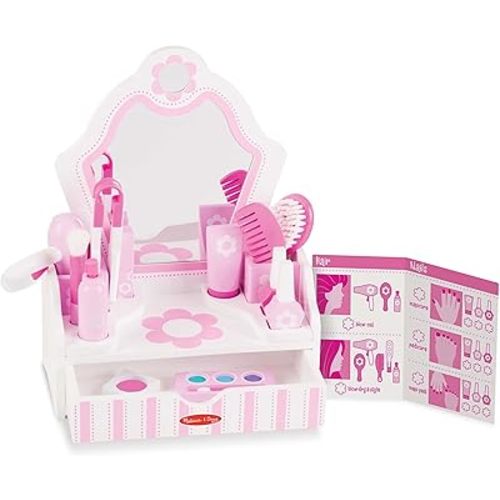 Melissa & Doug Wooden Beauty Salon Play Set, 18-Piece Vanity with Pretend Play Toys, Makeup, Mirror, Accessories & More, Preschool Toys for Girls & Boys Ages 3+ - FSC Certified