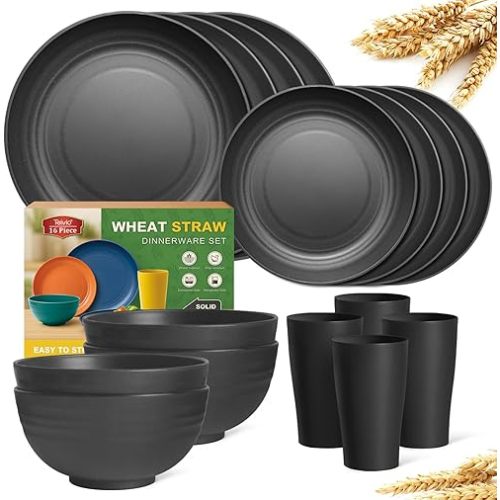 Teivio 16-Piece Kitchen Plastic Wheat Straw Dinnerware Set, Service for 4, Dinner Plates, Dessert Plate, Cereal Bowls, Cups, Unbreakable Plastic Outdoor Camping Dishes, Black