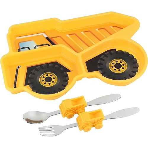 Kids Divided Plate with Utensils - Children's Meal Set with Plate, Fork and Spoon - Dump Truck