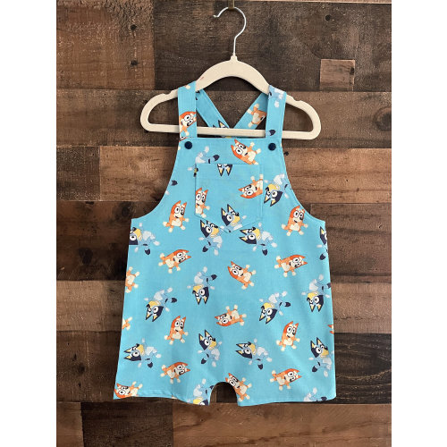 Down Under Pups, Overall Short Romper made with licensed Bluey Fabric. Toddler Overall Romper. Kid's Overall Romper