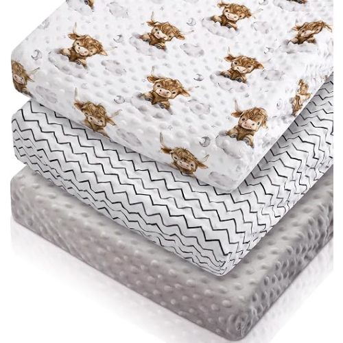 SmoothNovelty 3 Pcs Highland Cow Neutral Solid Gray & Chevron Line Baby Changing Pad Covers, Changing Table Cover for Kids, 32 x 16 in Minky Table Sheets, Soft Velvet Nursery Decor, Baby Items