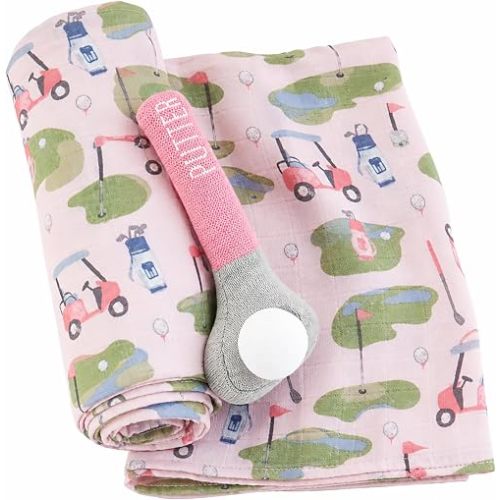 Mud Pie Pink Golf Swaddle and Rattle