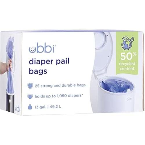 Ubbi Diaper Pail Plastic Bags, Disposable Baby Waste Bags, Single Pack, 25 Count, 13-Gallon Bags