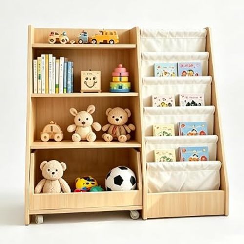 Kids Bookshelf and Toy Storage, 4 Tier Toddler Book Shelf with Movable Drawer, Baby Bookshelf for Nursery, Kids Toy Storage Organizer, Book Organizer for Kids Room, Bookcase for Classroom and Playroom