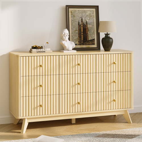 Fluted 9 Drawer Dresser for Bedroom,52.8" Wood Chests of Drawers for Closet Living Room,Natural