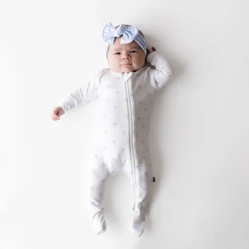 Pointelle Zippered Footie in Sweet Blue Bow. 3-6M