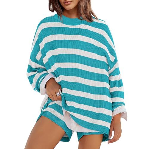 Panadila Womens Striped Lounge Set 2 Piece Pajama Sets | Long Sleeve Sweater Top and Shorts, Oversized, Fall Outfits, Matching Pajamas, Casual, Cute Outfits, Shorts Set