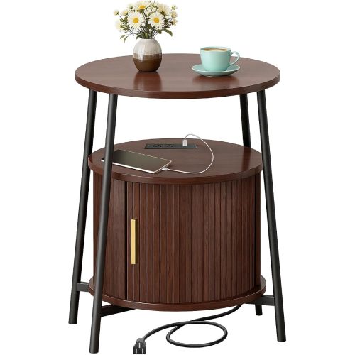 DHH Round End Tables with Charging Station, Fluted Accent Side Table with Sliding Door, Mid-Century Modern Nightstand for Small Space Storage, Living Room, Bedroom,Sofa Couch(1, Dark Walnut)