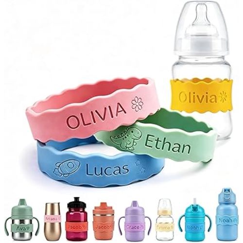 3 Pack Personalized Water Bottle Labels, Custom Engraved Baby Bottle Labels for Daycare, Reusable Silicone Name Bands with Cute Icons, Wavy & Round Cup Tag for Kids, School, Camp & Baby Shower Gifts