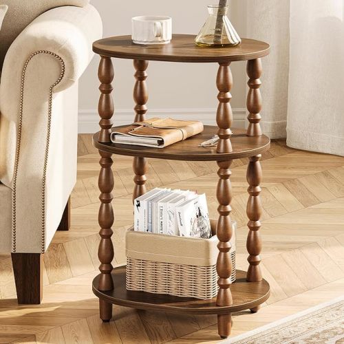 Yoobure 3-Tier Small Side Table - Oval End Table with Vintage Spindle Legs, Accent Night Stand with Storage Shelf for Narrow Spaces, Wood Nightstand Bedside Table for Living Room, Bedroom, Walnut