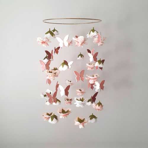 Flower and Butterfly Mobile, Baby Girl Mobile for Crib, Butterfly Crib Mobile, Rose Gold Baby Mobile, Flower Mobile, Floral Nursery Mobile