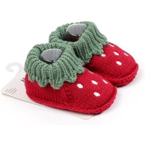 Baby Strawberry Knit Booties for Girls Boys, Soft Sole Newborn Infant Crib Shoes, Cozy Cotton Crochet Baby Sock Shoes, Lightweight Non-Slip First Walker Slippers for 6-12 Months