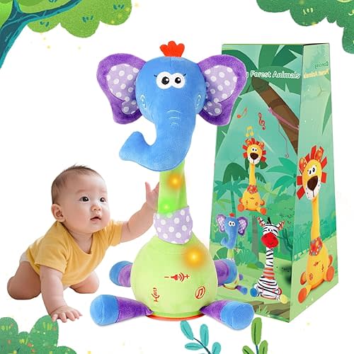 Dancing Talking Elephant Plush Toy, Interactive Mimicking R5ecording Repeating Elephant Stuffed Animal, Singing 10 Children's Songs, Tummy Time Toy for Toddlers 1-3 Years, Forest Birthday Party Gifts