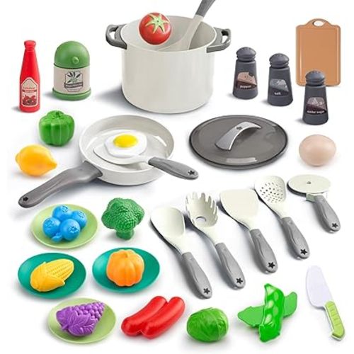35Pcs Kids Kitchen Toy Accessories, Toddler Pretend Cooking Playset with Play Pots, Pans, Utensils, Cookware, Play Food Set, Toy Vegetables, Learning Gift for Girls & Boys (White)