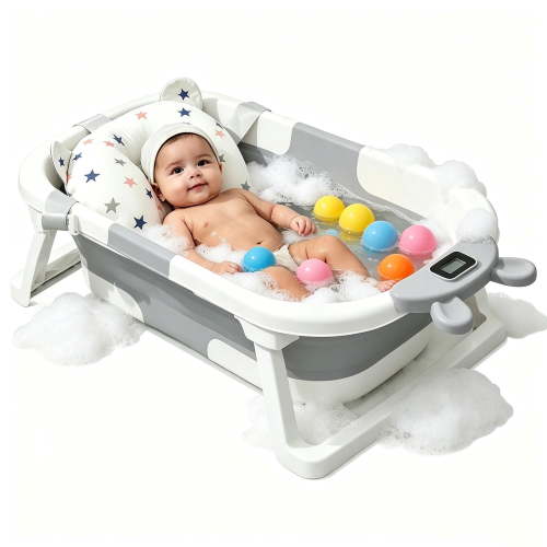 Foldable Baby Bathtub for Newborns, Collapsible Baby Bath Tub with Soft Cushion & Thermometer, Portable Baby Tubs for Infants to Toddler
