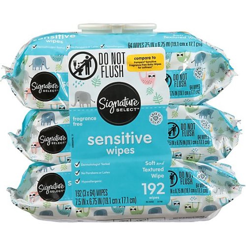 Signature Select/Care Wipes Sensitive Ultra Soft & String Fragrance Free 3 Packs - 3-64 Count