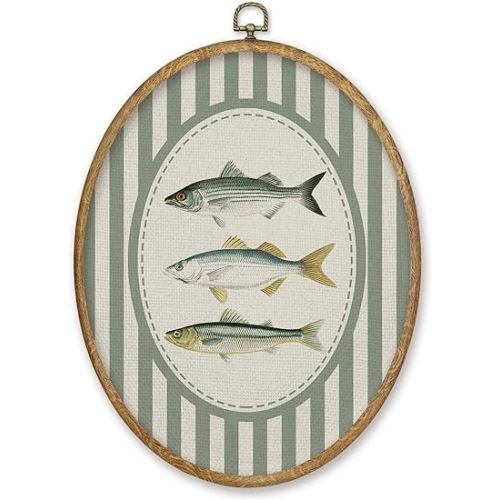 CGBHW Vintage Coastal Beach Fish Oval Wall Art Decor, Fishing Canvas Prints Framed, Green Striped Ocean Saltwater Striped Bass Fish Wall Art Hanging Decor for Home Kitchen Bedroom Lake House, 8.6x11.4 Inch