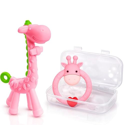 SHARE&CARE BPA Free Silicone Giraffe Baby Teether Toy with Storage Case, for 3 Months Above Infant Sore Gums Pain Relief and Baby Shower, Baby Teething Toys (Pink)