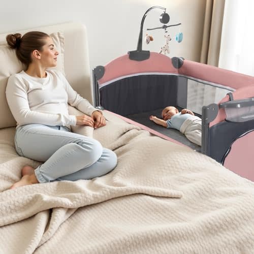 Soobaby 5 in 1 Baby Crib,Baby Bassinet, Bedside Cribs, Pack and Play with Changing Table, Portable Travel bedToys & Music Box,Mattress for Girl Boy Infant Newborn (Pink)