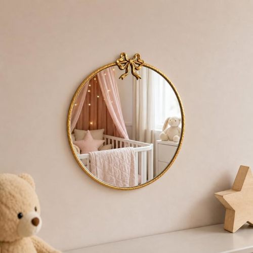 24 Inch Gold Circle Mirror, Bow Round Wall Mirror Vintage Gold Decor | Large round mirror for bedroom bathroom vanity and home decor, vintage gold bow circle mirror decorative wall mirror nursery