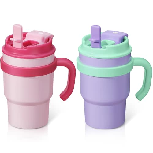 13.5oz Kids Insulated Tumbler with Straw,2 Pack Kids Insulated Water Bottle Stainless Steel Double Wall Vacuum Tumbler with 2 in 1 Sip/Swig Lids,Leak Proof Water Bottle for School(Pink-Purple)