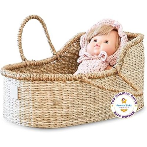BEBE BASK Premium Baby Doll Bassinet - Handcrafted & Award-Winning Seagrass Moses Basket - Doll Carrier with Luxe Mattress