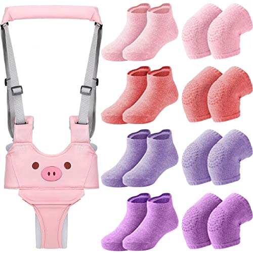 Xuniea Baby Walking Harness Breathable Handheld Baby Walker Assistant Belt Adjustable Toddler Walking Assistant with 4 Pairs Non-Slip Socks Grips 4 Pairs Baby Knee Pads for Crawling, 7-24 Months | Handheld Adjustable Assistant for Toddlers Learning to ...