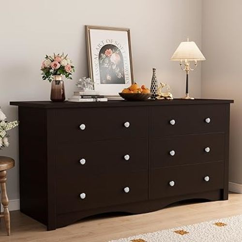 Shahoo Wood Dresser for Bedroom, Wide Chest of Drawers with 6 Drawers,Storage Tower Unit, Modern Closet Store Organizer for Living Room, Hallway (Brown)
