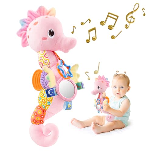 Sumobaby Baby Toys Musical Stuffed Animal Activity Soft Toys with Mirror | Multi-Sensory Seahorses Toys with Crinkle, Rattle and Textures, for Tummy Time Newborn 0-3-6-12 Months Girls Gifts - Pink