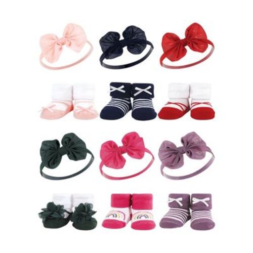 Hudson Baby Infant Girl 12Pc Headband and Socks Giftset, Red Navy Bows Green Purple, One Size