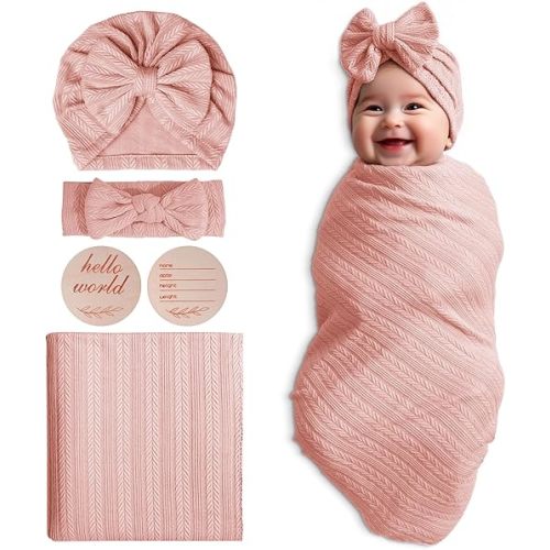 Baby Blankets,5PCS Security Blanket for Babies - Swaddle Adjustable Wearable Blanket, 5pcs Newborn Accessories Set with Hello World Wooden Birth Announcement Card, Baby Blankets for Girls&Boys (Pink)