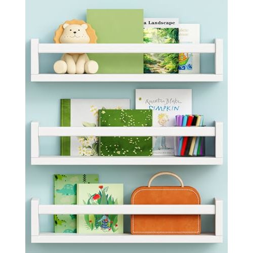 White Nursery Floating Book Shelves for Wall Set of 3, Kids Wall Shelves for Baby Room Bedroom, Modern Hanging Bookshelf for Baby Toddler Children Girls Boys Decor and Toys Books Storage