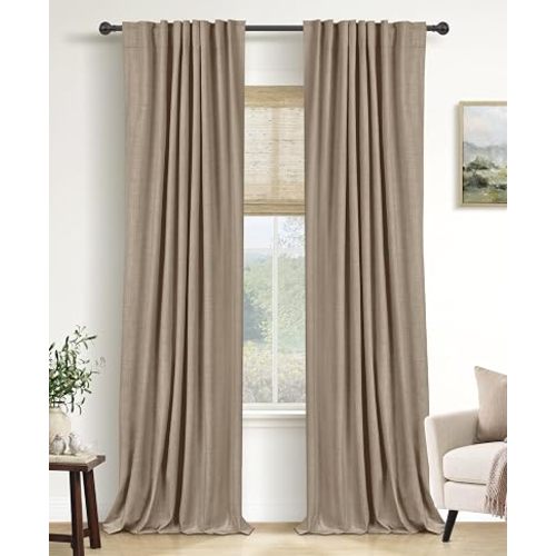 Faux Linen Total Blackout Curtains for Bedroom 96 Inch Long Copper Brown