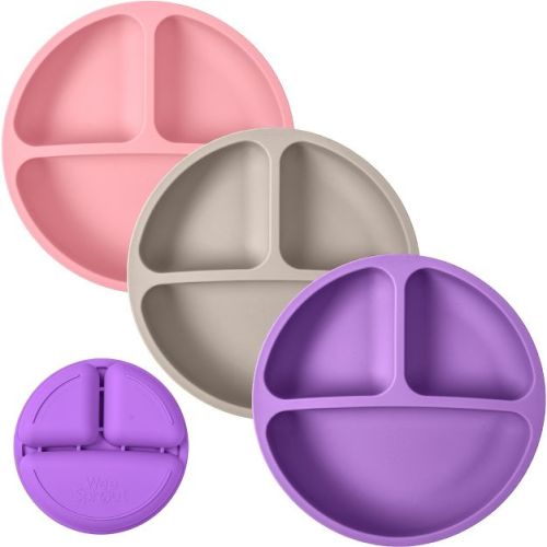 WeeSprout Silicone Plates for Babies & Toddlers 100% Food-Grade Dishes - No Lids, 3 Pack (Bright Pink, Purple & Grey)