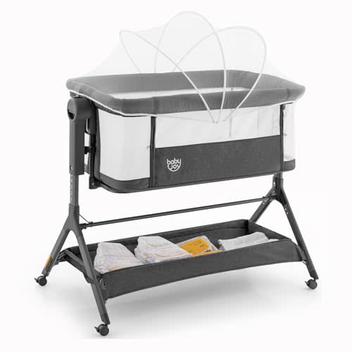 BABY JOY Bassinet, 3 in 1 Rocking Bedside Bassinet w/Storage Basket, Universal Wheels, Adjustable Height, Mattress, Net & Portable Bag, Carriable Crib Baby Bassinets Bedside Sleeper (Gray)