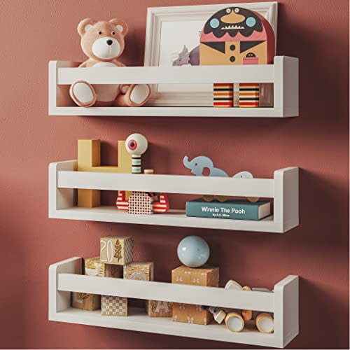 Set of 3 White Nursery Room Shelves - Solid Wood Ideal for Books, Toys and Decor (Classic White)