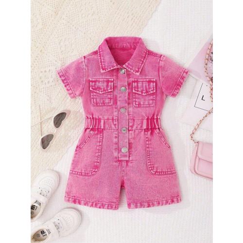 Baby Girls' Fashionable Soft Washed Sleeveless Jumpsuit Shorts, Casual Vacation Street , Pink, Lightweight Summer | SHEIN USA
