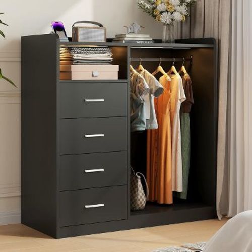 Dresser with Hanging Rack for Bedroom, 4 Drawer Dresser with Lights & Charging Station, Large Dressers & Chest of Drawers, Black