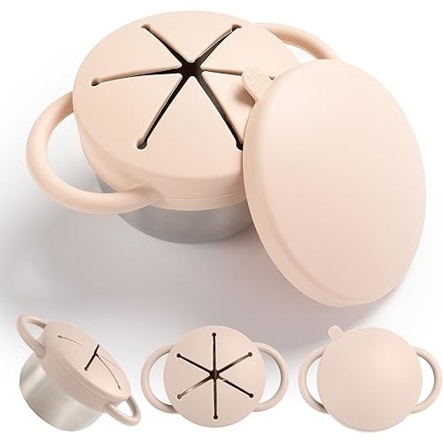 1 Pack Stainless Steel Snack Containers for Toddlers with Spill-Proof Silicone Lids & Handles - 3-in-1 Baby Snack Cups, No-Spill Travel Snack Containers for Kids (Creamy)