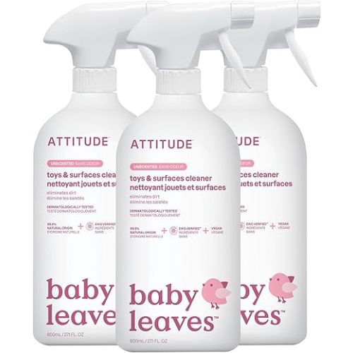 ATTITUDE Baby & Kids Toy Cleaner Spray, EWG Verified, Multi-Surface Cleaner for Toys, High Chairs & Play Areas, Naturally Derived, Vegan, Unscented, 27.1 Fl Oz (Pack of 3)