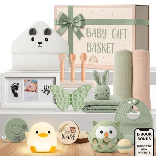 New Baby Gift Basket 22-Piece Set with Elegant Keepsake Magnet Box | Newborn Baby Gift Set for Boy & Girl | Gender Reveal Gifts & New Mom Gifts Bundle | Essential Newborn Toys & Accessories