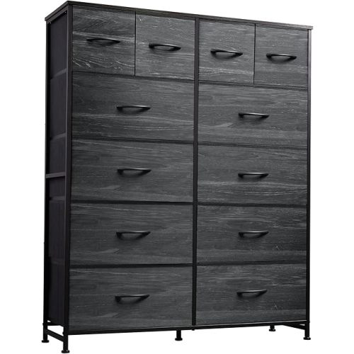 WLIVE Tall Dresser for Bedroom with 12 Drawers, Dressers & Chests of Drawers, Fabric Dresser for Closet, Living Room, Storage Dressers with Storage Drawers, Wood Top, Charcoal Black Wood Grain Print