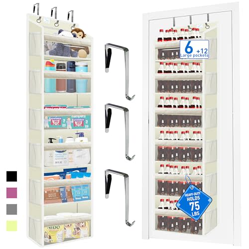 Over the Door Organizer Storage 6 Tier, 12 Large Capacity Side Pockets, Heavy Duty Metal Reinforced Hook Anti Tilt 75 LB Load Behind Door Storage for Bedroom Bathroom Pantry Nursery
