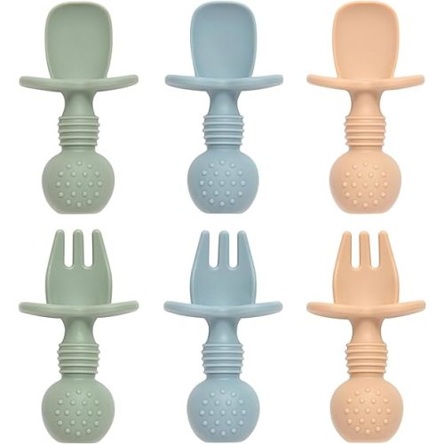 Baby Spoons and Forks Feeding Set, 6 Pack Silicone First Stage Self Feeding Toddler Utensils, BPA Free, Baby Led Weaning Supplies for Training Spoons