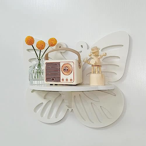 Butterfly Shaped Nursery Wall Deor Floating Shelf, Cute Wall Display Rack for Kids Room, Small Decorative Shelf Wall Mounted, White Hanging Wall Shelf for Toys, Plants and Decorations Storage, White